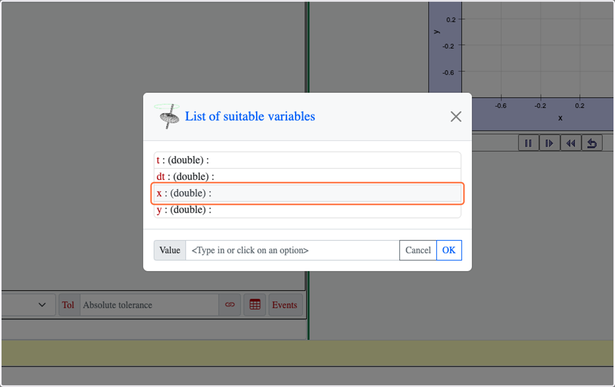 Click on x : (double) : or alternatively type in x in the Value field