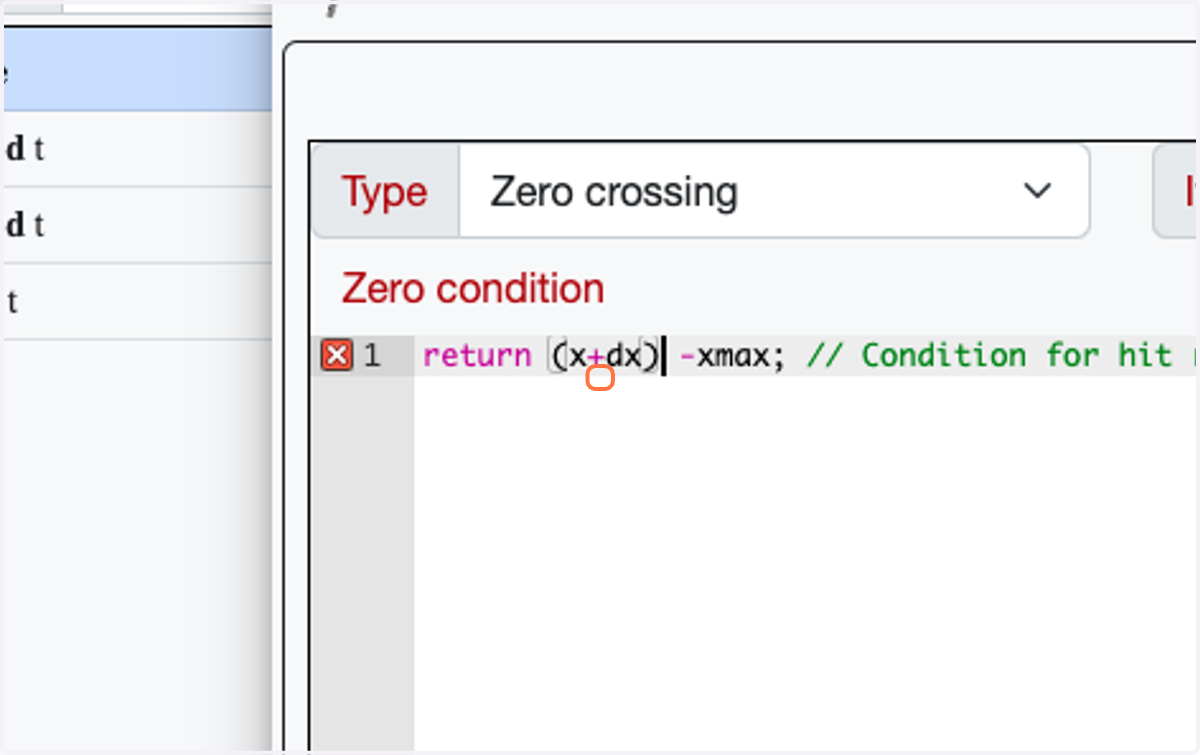 Type "return (x+dx) -xmax; // Condition for hit right border "