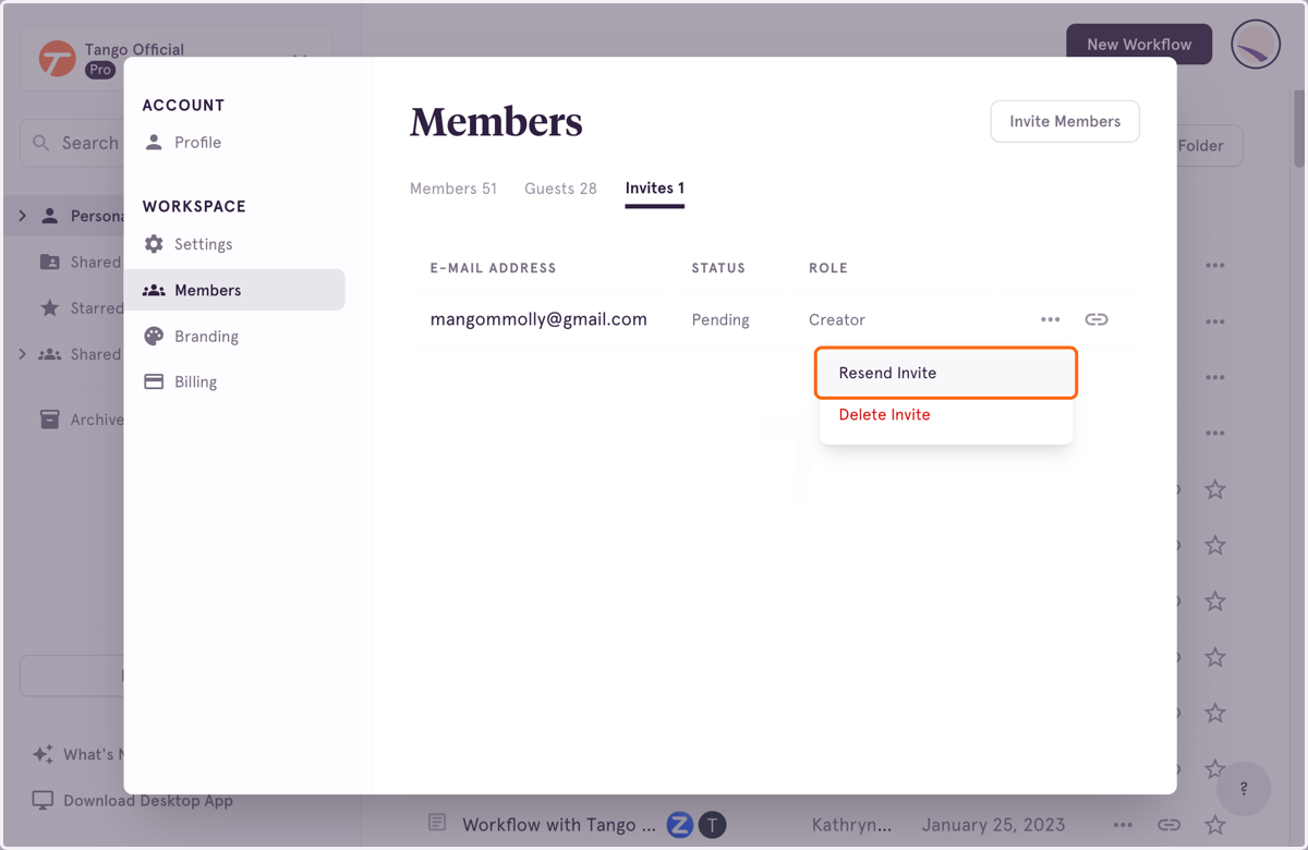 Click on Resend Invite if you need to re-send an invitation email