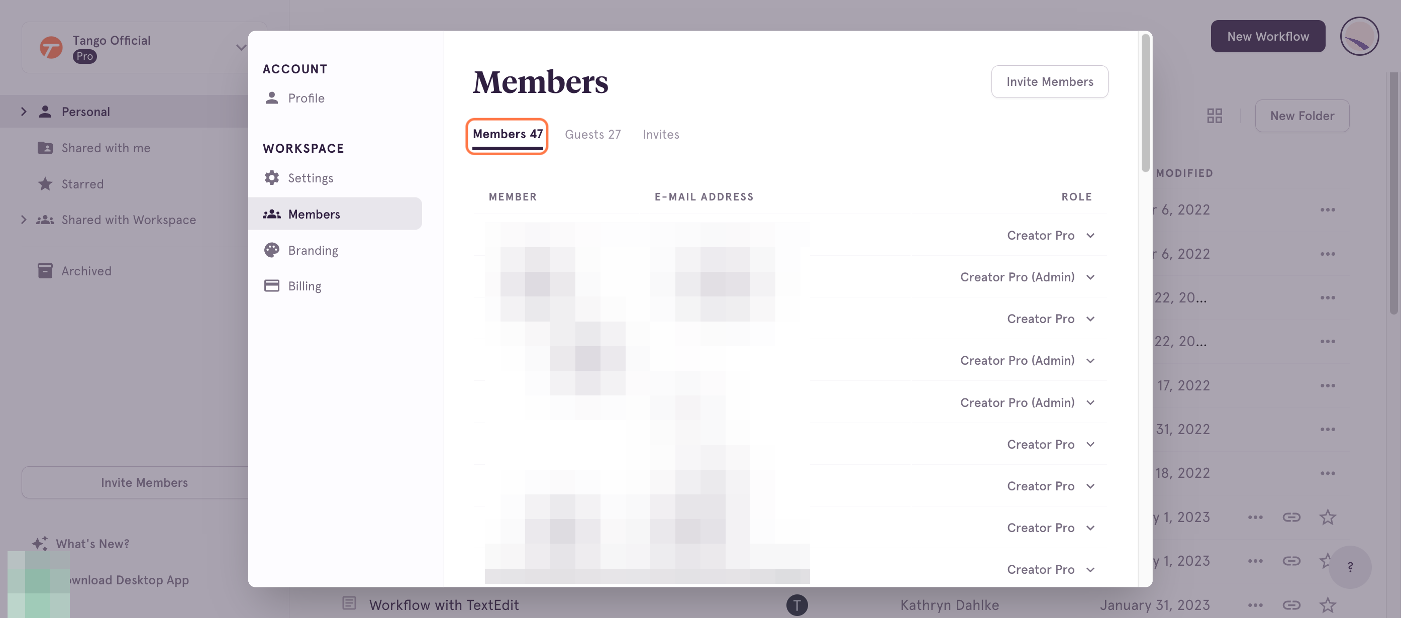 Click on Members again to view active Workspace members
