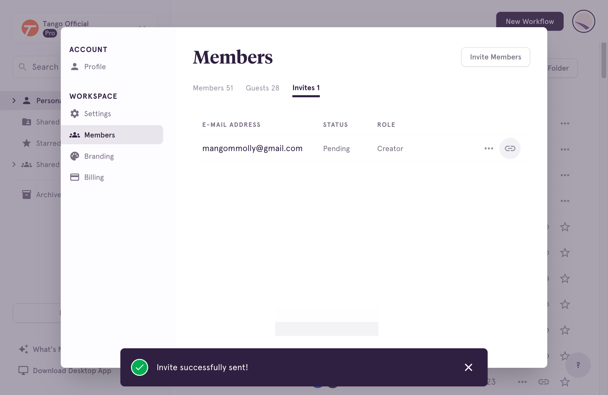 Alternatively, click on Copy invite link and share with the invite Workspace member directly