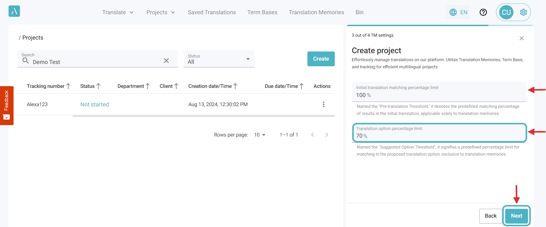 Select the Initial translation matching percentage limit and Translations option percentage limit (optional)