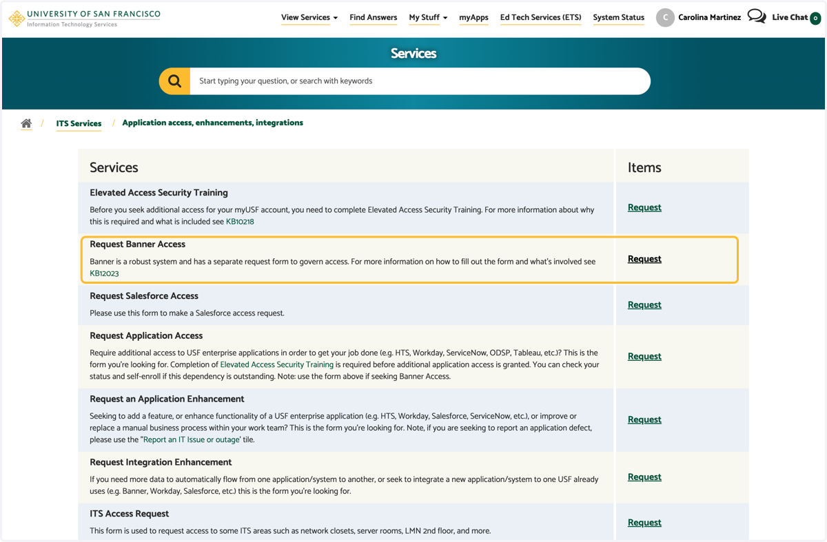 Click on Request for Request Banner Access