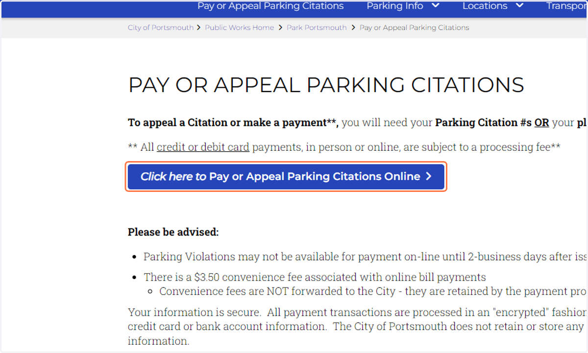 Click on Click here to Pay or Appeal Parking Citations Online