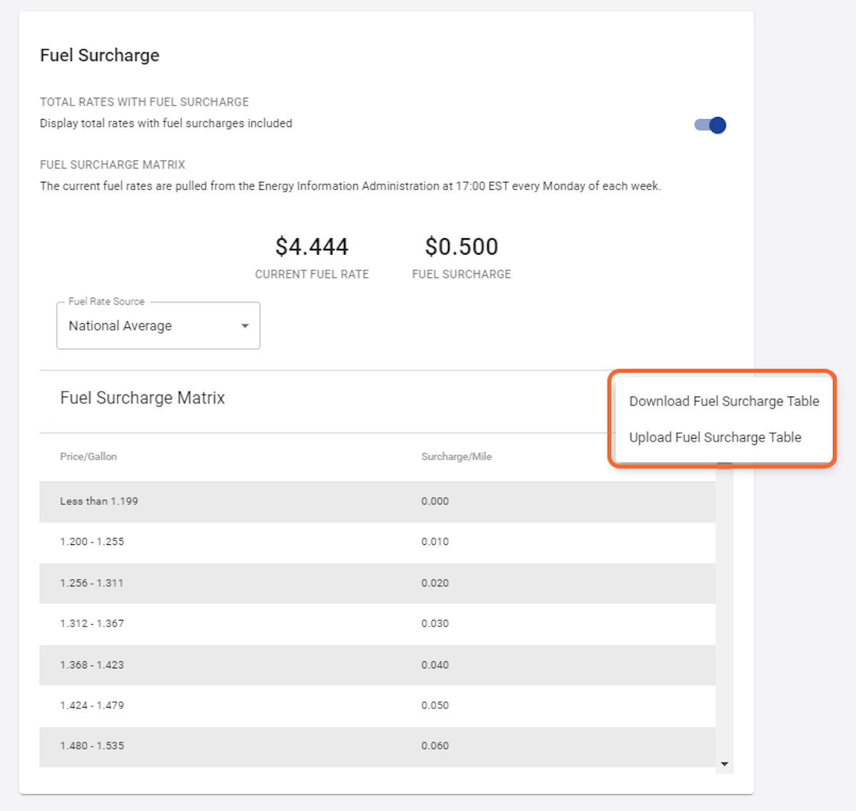 Click on Download Fuel Surcharge Table…