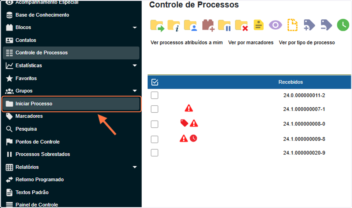 Clique em "Iniciar Processo".