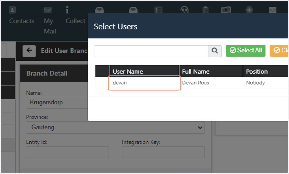 Select users that will be added to this branch