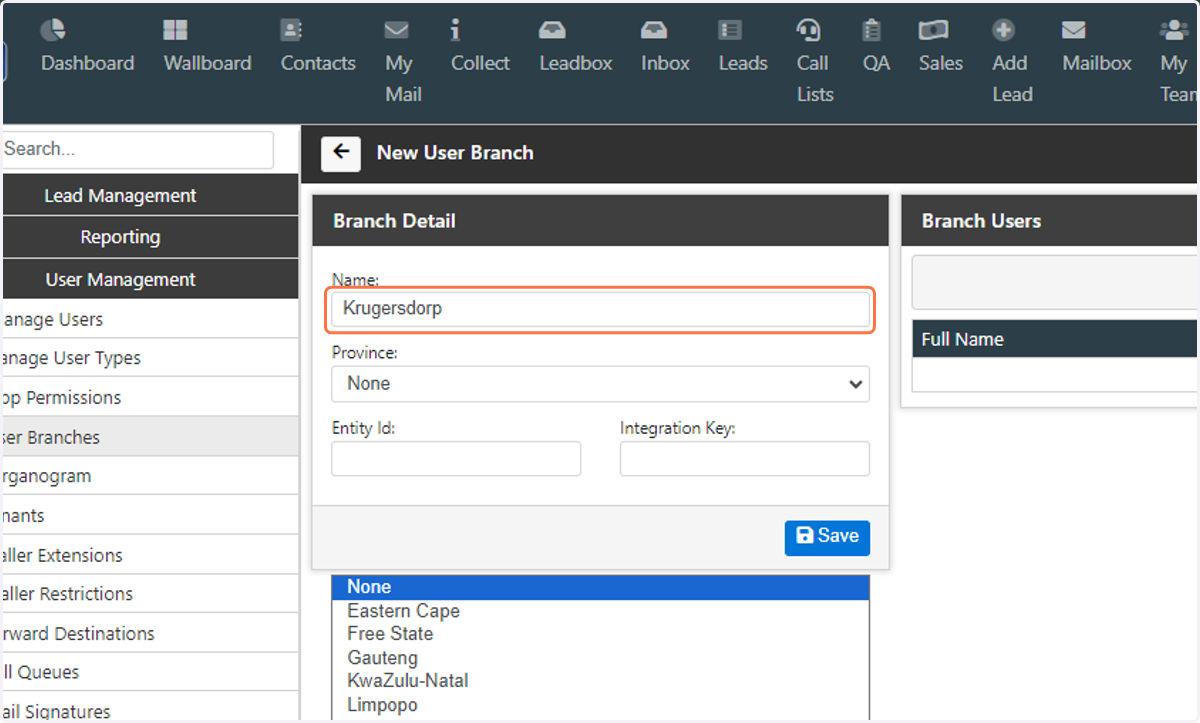 Type the Name of the branch that is being created
