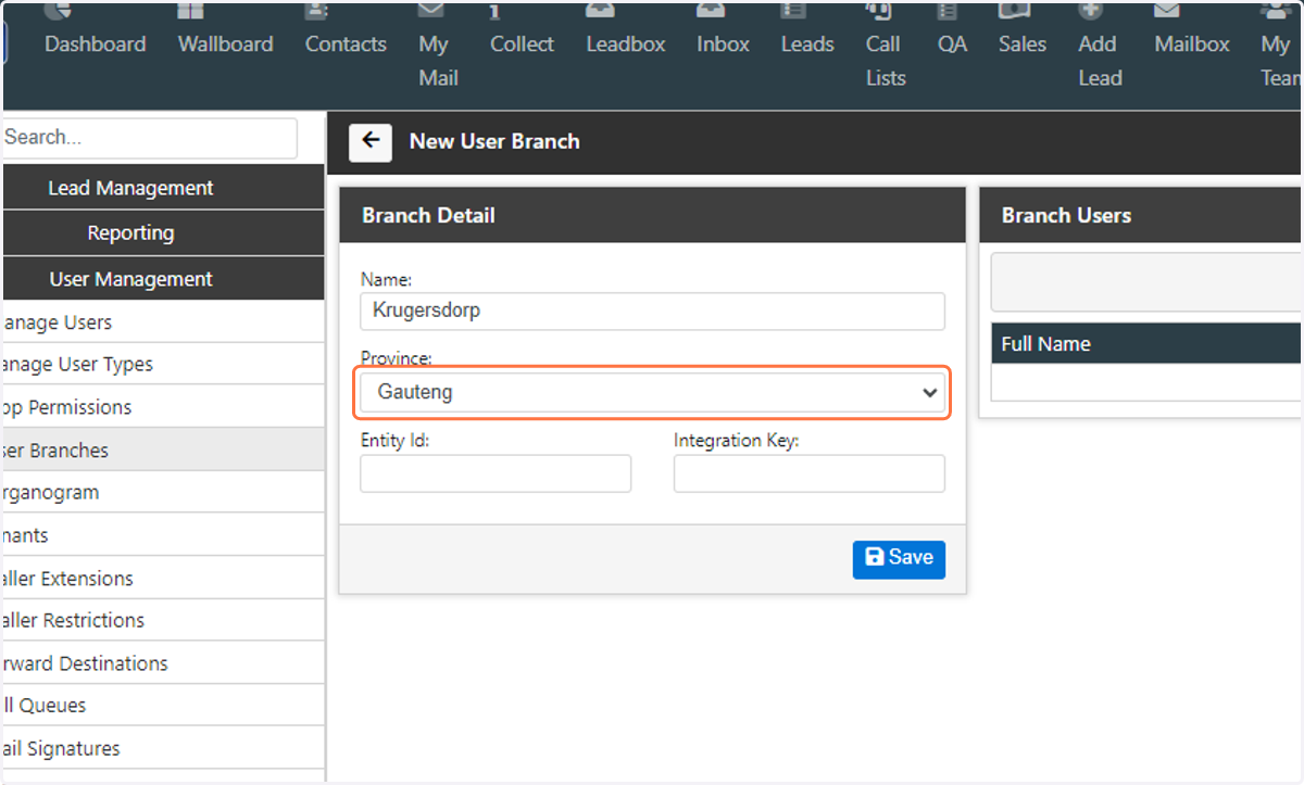 Select the Province where the branch is located