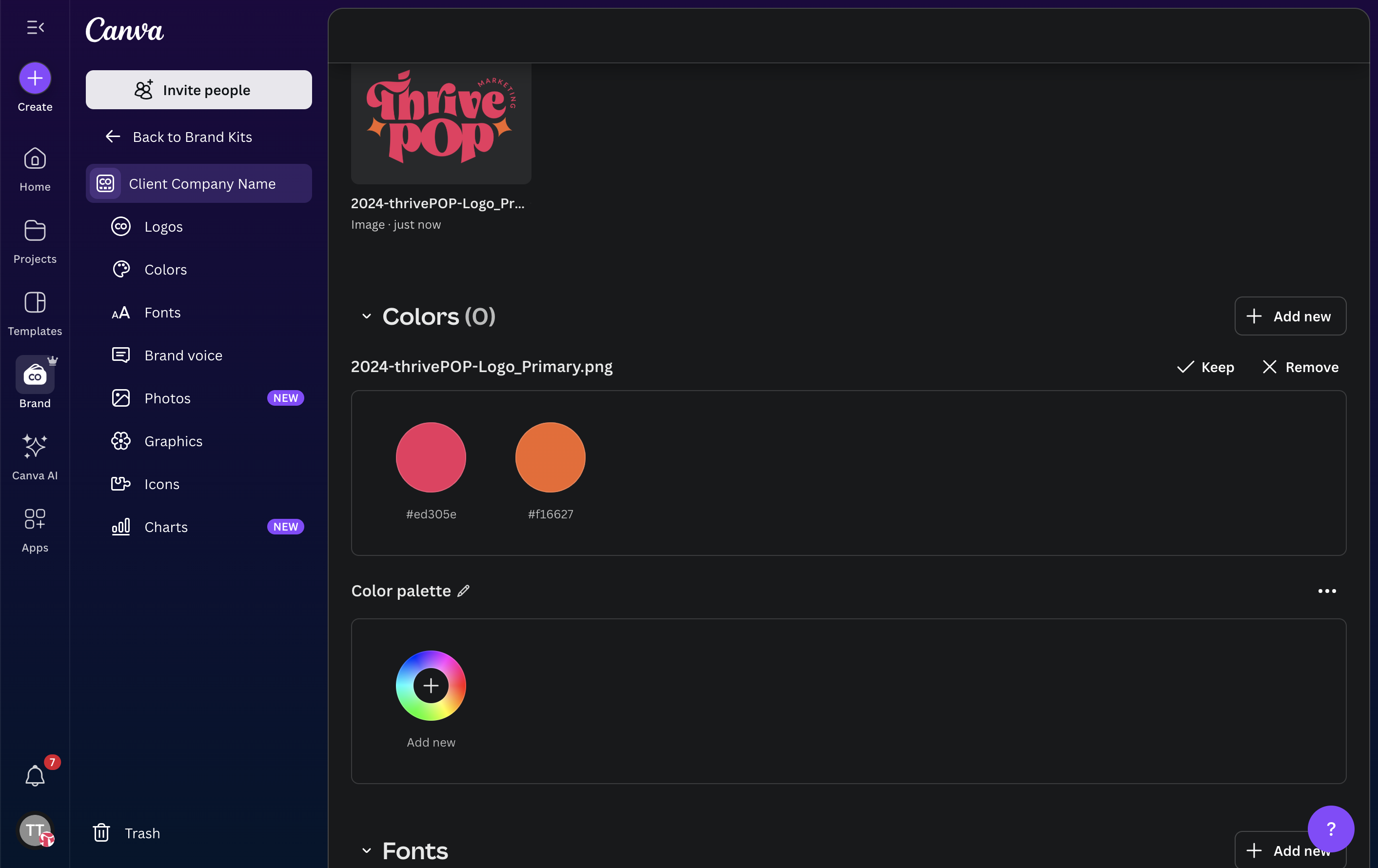 Click on a color palette to remove or click "add new"