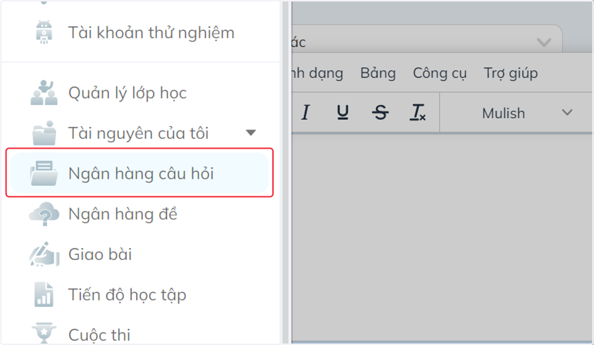 Nhấn chọn "Ngân hàng câu hỏi"