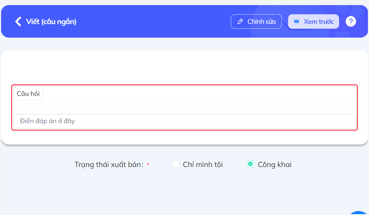 Bảng hiển thị câu hỏi
