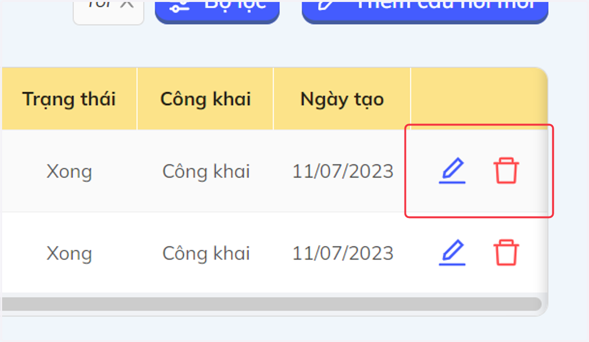 Nhấn chọn biểu tượng cây bút để chỉnh sửa câu hỏi hoặc biểu tượng thùng rác để xóa câu hỏi