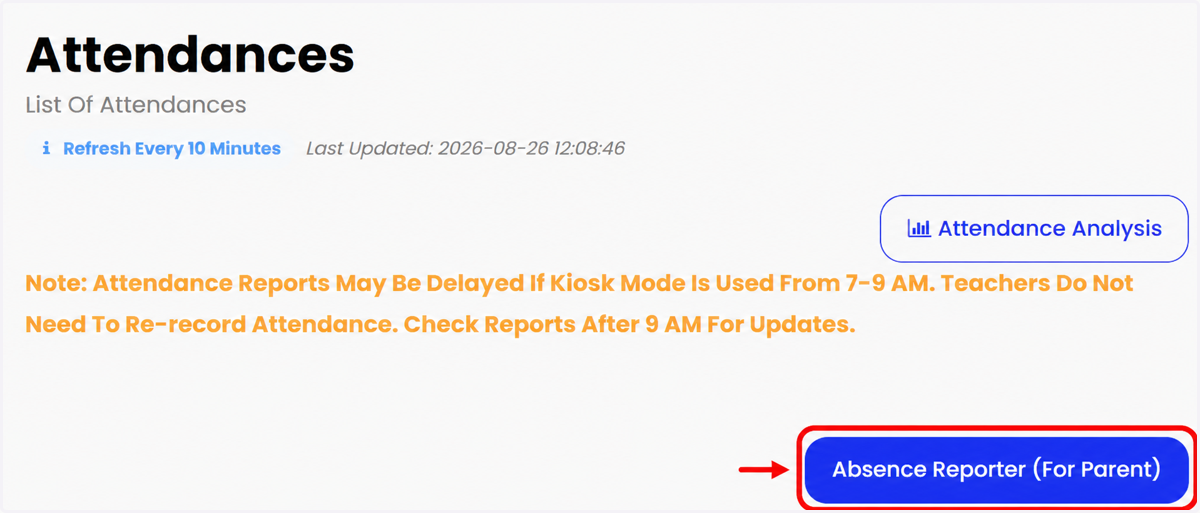 Klik 'Absent Report' untuk melihat/menambah sebab-sebab ketidakhadiran pelajar.