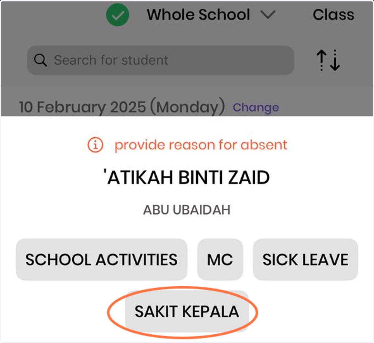 Ini adalah paparan di aplikasi selepas tambah sebab.