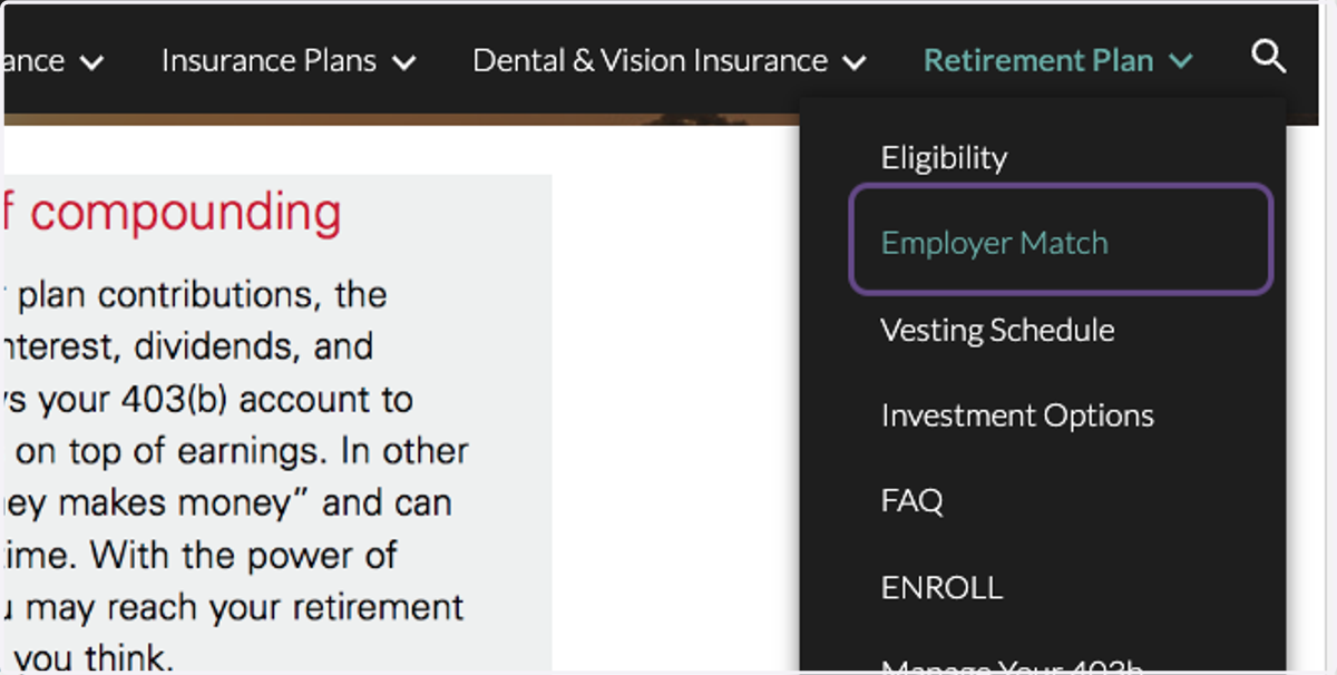 Click on "Employer Match" under the Retirement Plan tab