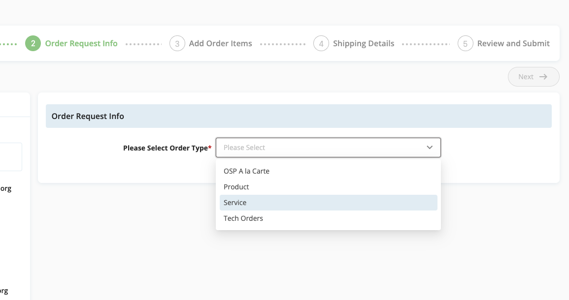 Select Service as the Order Type