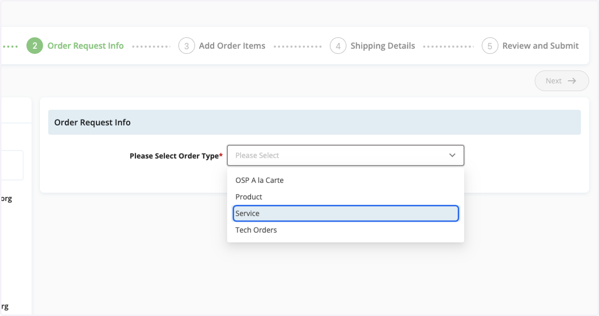 Select Service as the Order Type