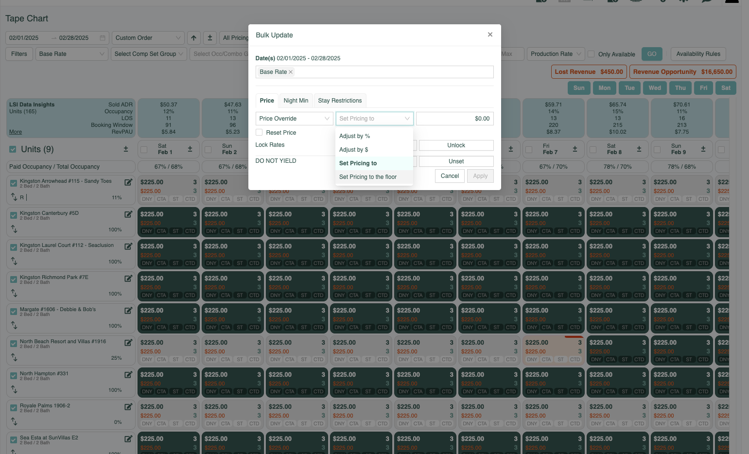 On the Price tab keep Price Overide and select Set Pricing to the floor