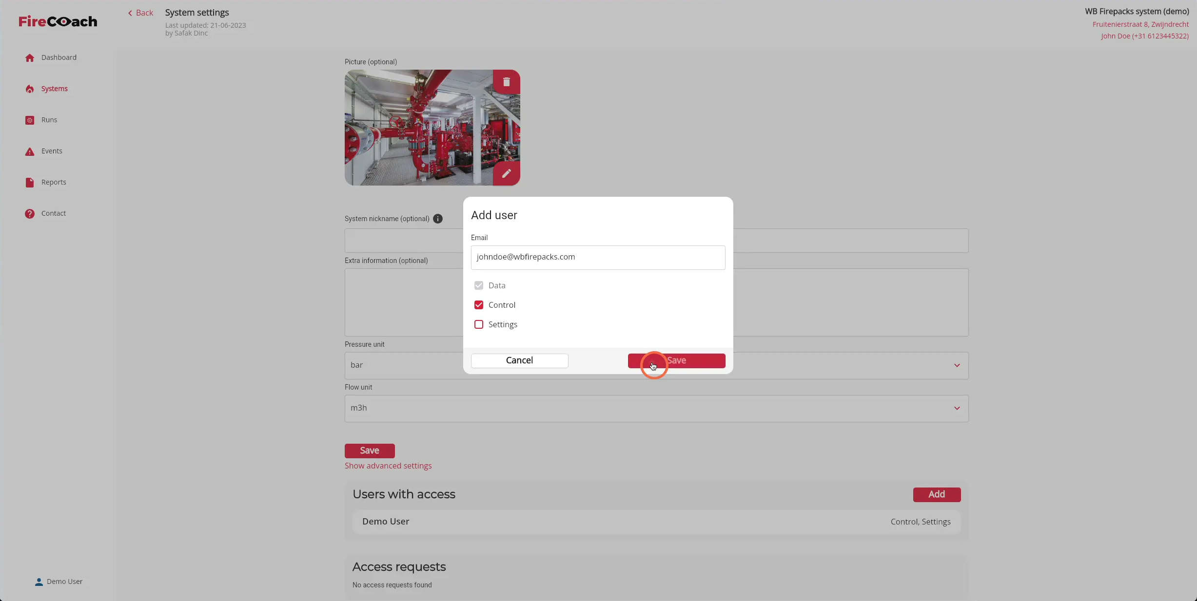 Click 'Save' to give the user acces to the Firepack