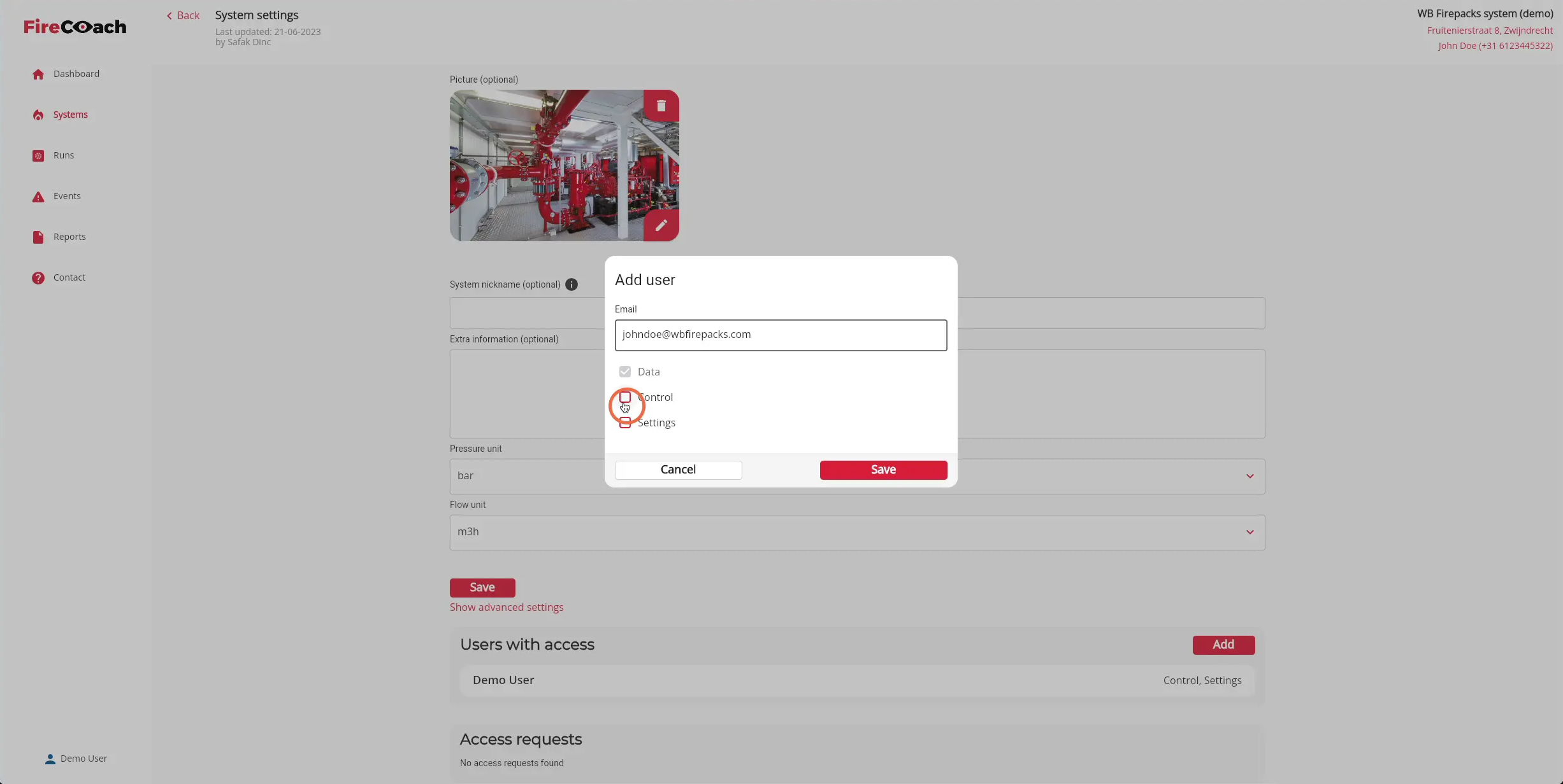 Choose the amount of rights the user by selecting the different checkmarks of the Firepack