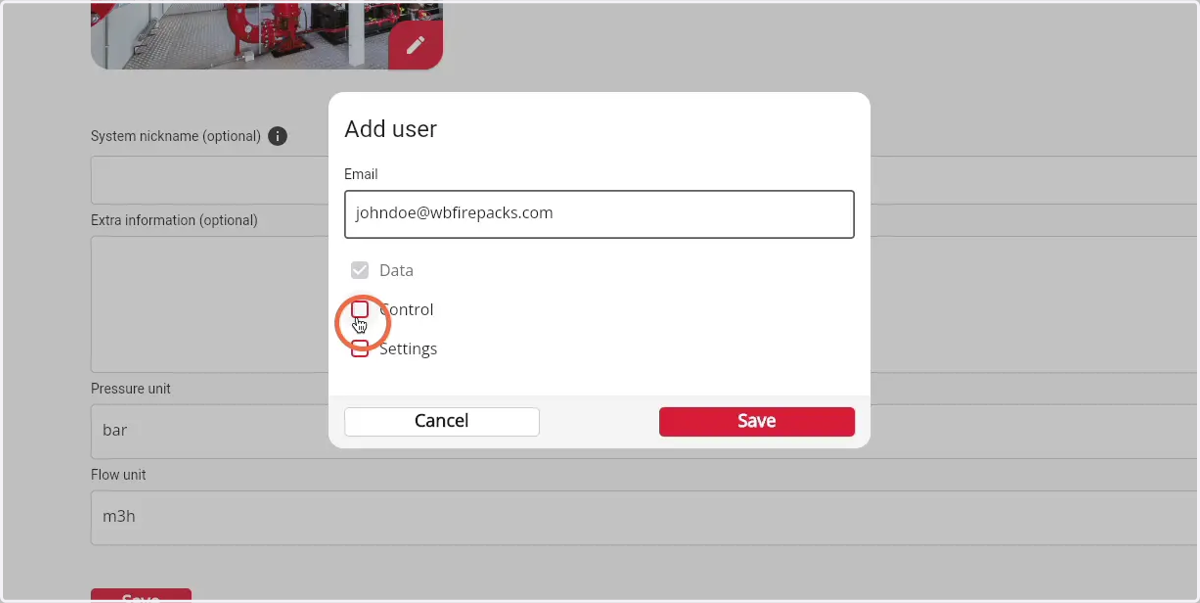 Choose the amount of rights the user by selecting the different checkmarks of the Firepack