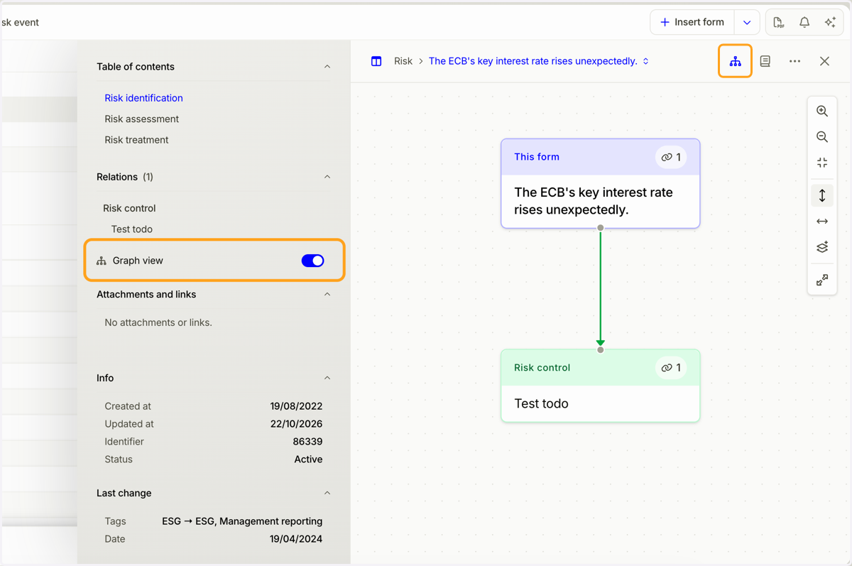 Enable "Graph View" in the sidebar to visualize how the form is connected to other forms. You can also access this view using the icon in the top-right corner.