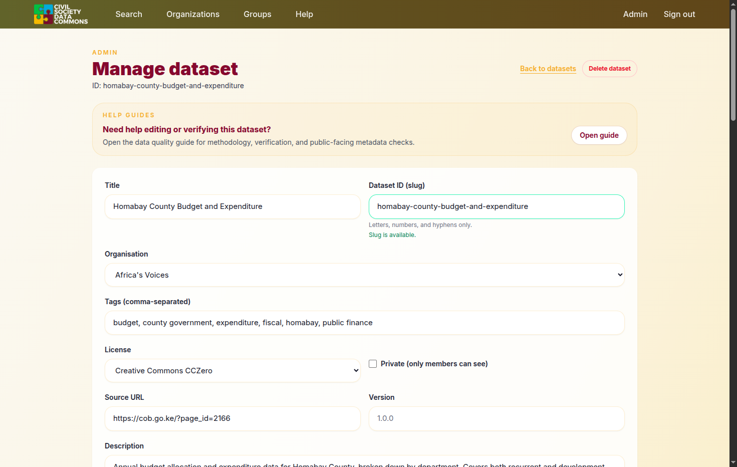 Click on Back to datasets