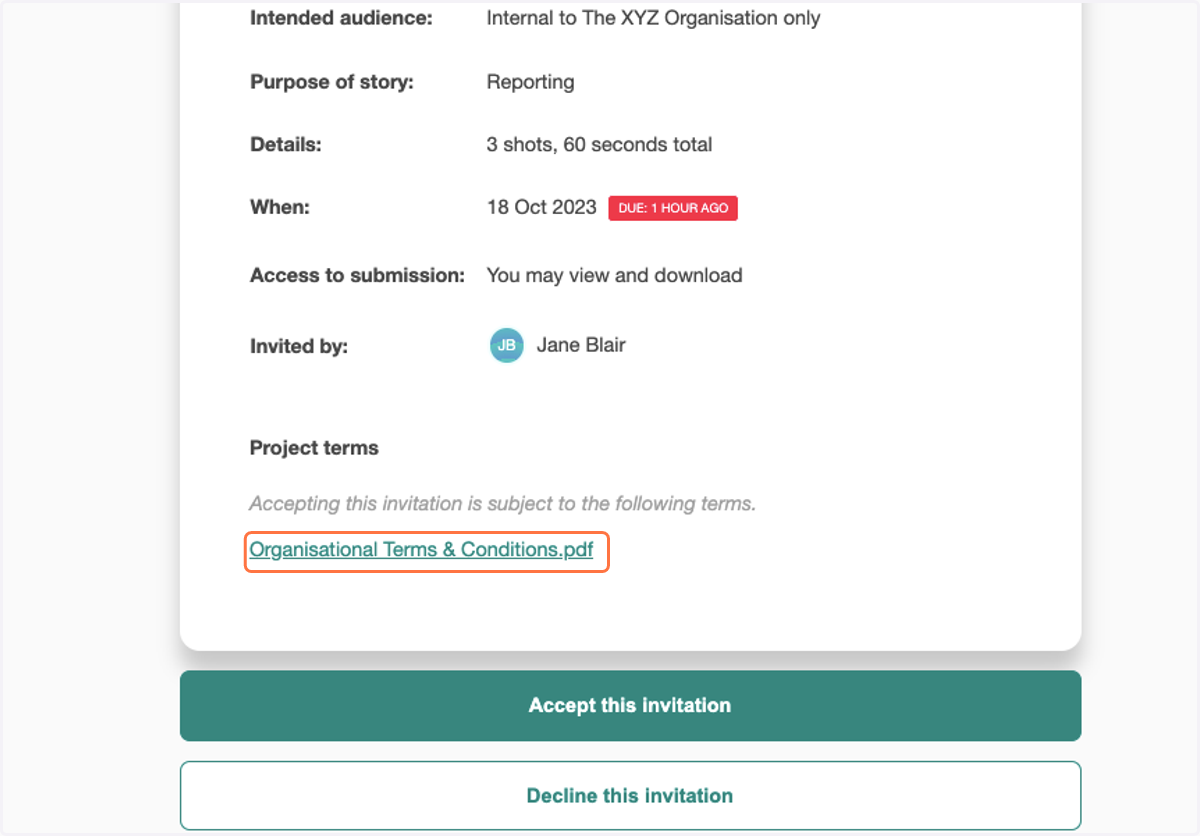 Your consent form will now be attached to every Story Invitation created within the project, and contributors will be able to review it before accepting the invitation.