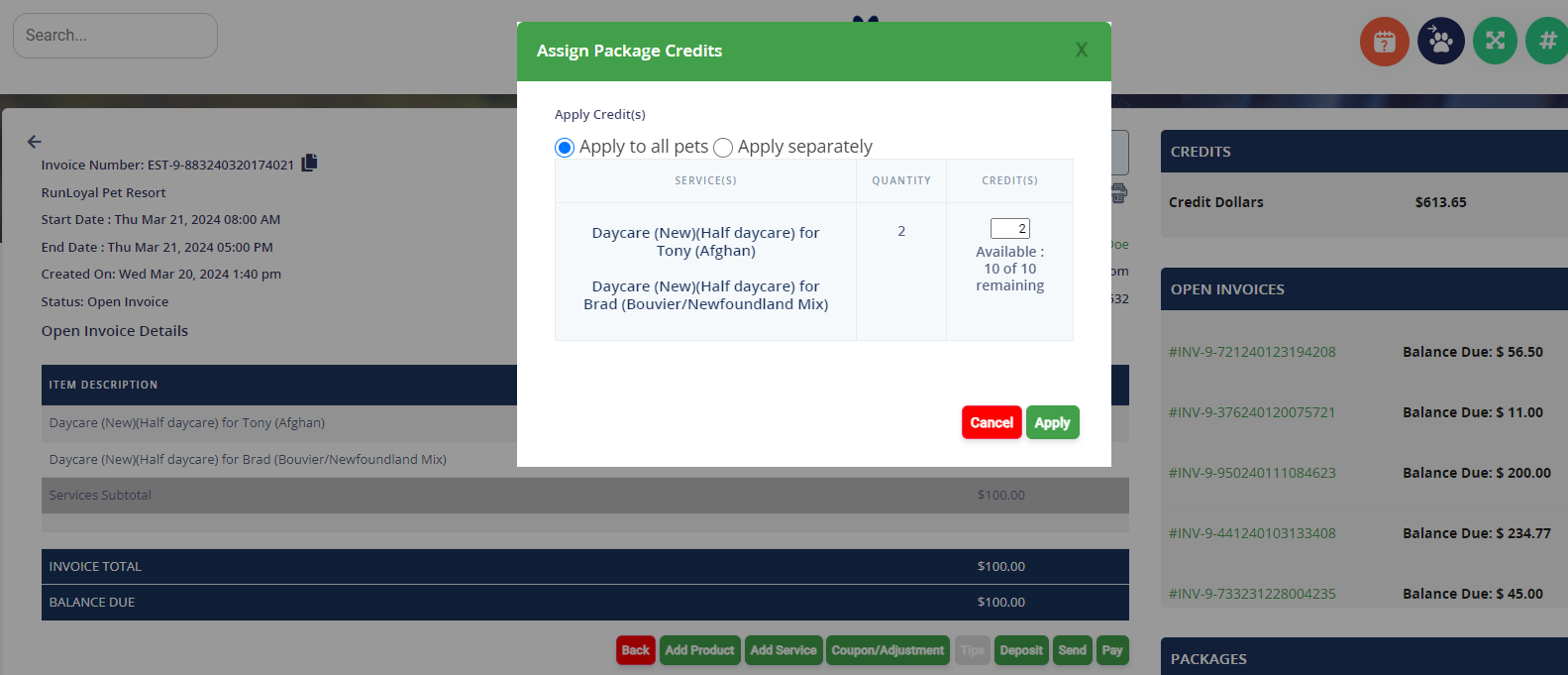 ****if you have a multi-pet invoice, you can select credits individually for each pet or have a single credit apply for both pets on the invoice. (this option will show on multi-pet appointments only.)