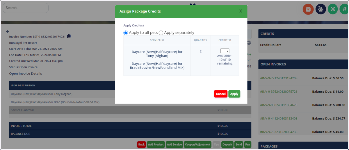 ****if you have a multi-pet invoice, you can select credits individually for each pet or have a single credit apply for both pets on the invoice. (this option will show on multi-pet appointments only.)