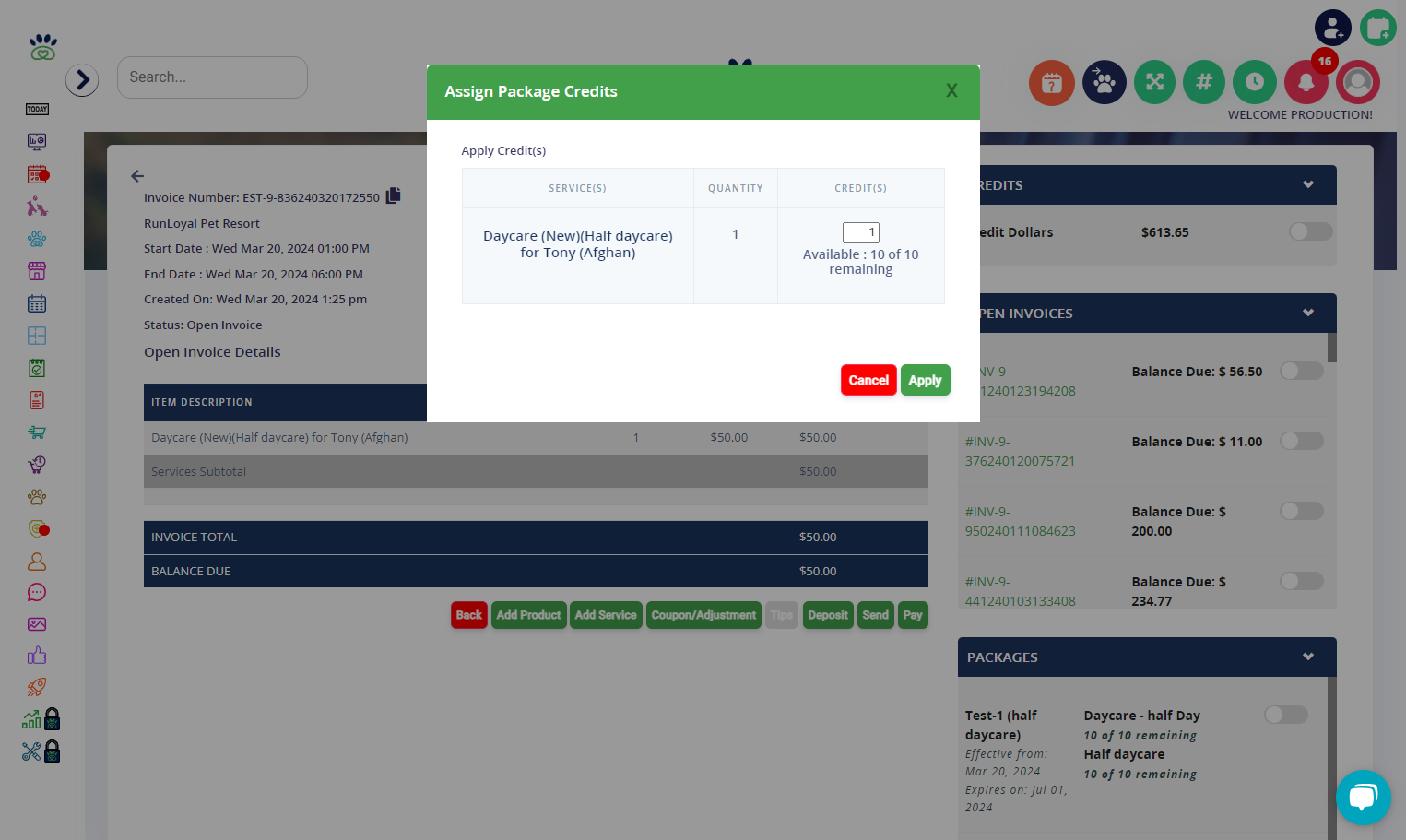 Add the total amount of credits you would like to assign for this invoice.