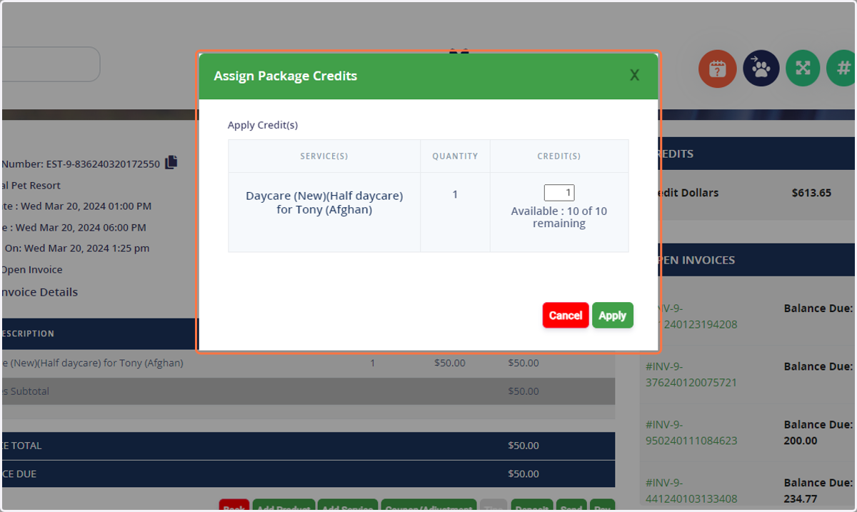 Add the total amount of credits you would like to assign for this invoice.
