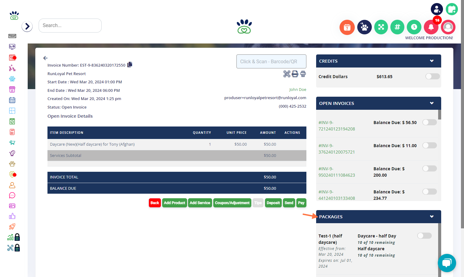 Package credits will automatically show up on the right hand side of any open invoice for the associated pet owner.