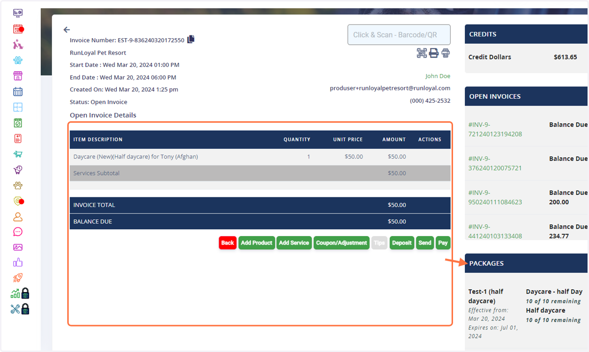 Package credits will automatically show up on the right hand side of any open invoice for the associated pet owner.