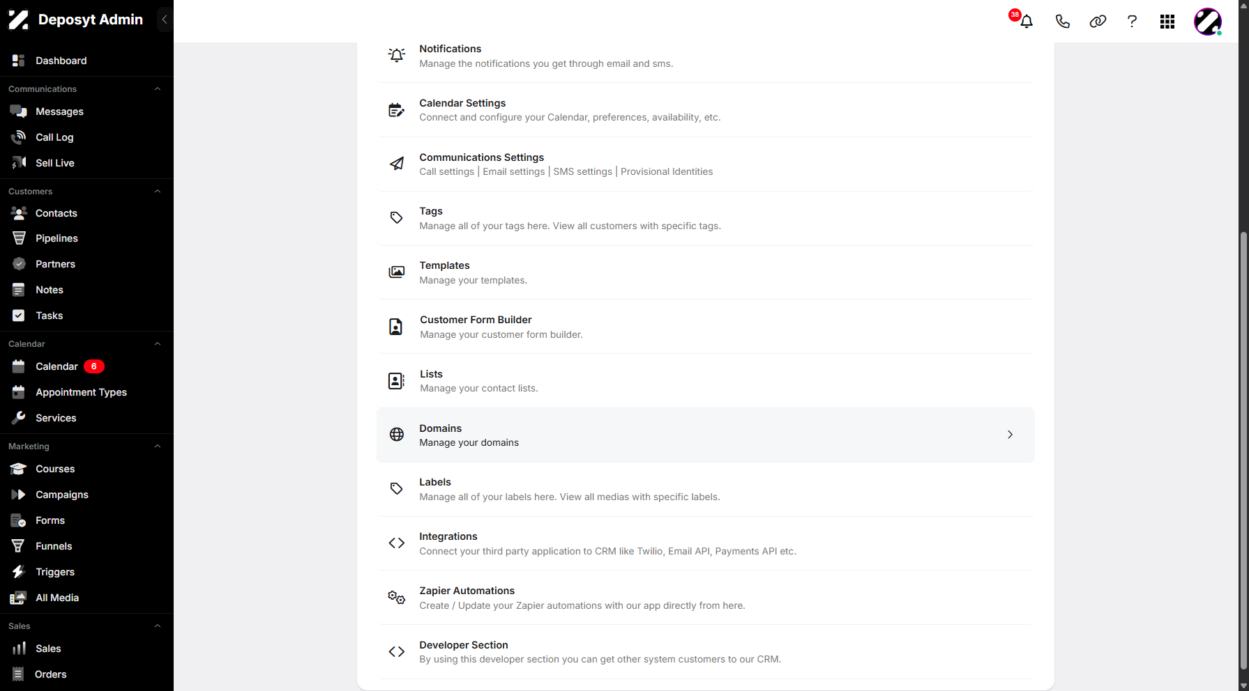 Step 3: You will then be taken to the Settings page. Scroll down and click on Domains to continue.