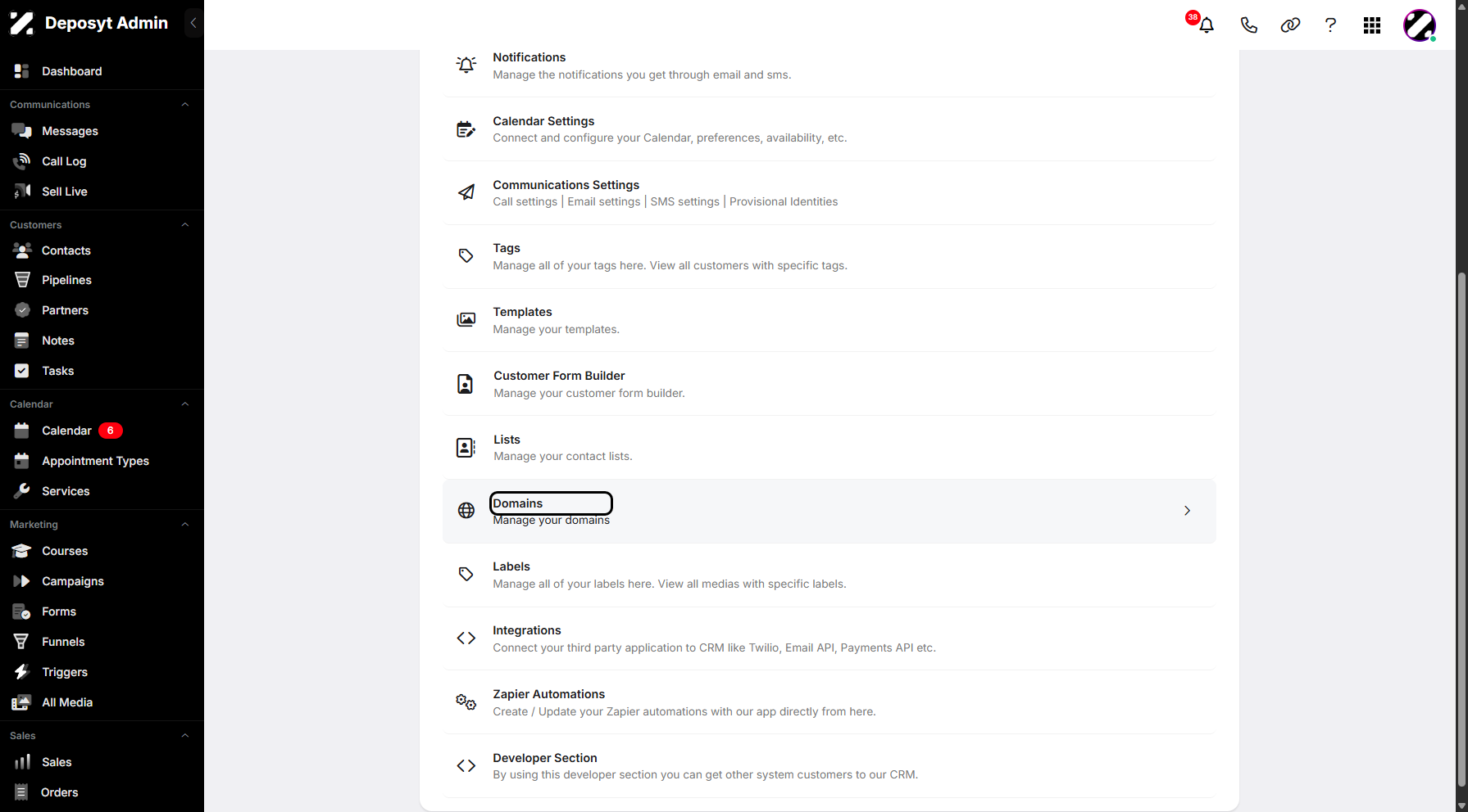 Step 3: You will then be taken to the Settings page. Scroll down and click on Domains to continue.