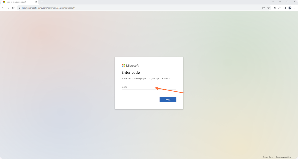 On your COMPUTER, pull up a browser window and go to https://microsoft.com/devicelogin and enter the code from the previous step and hit next.