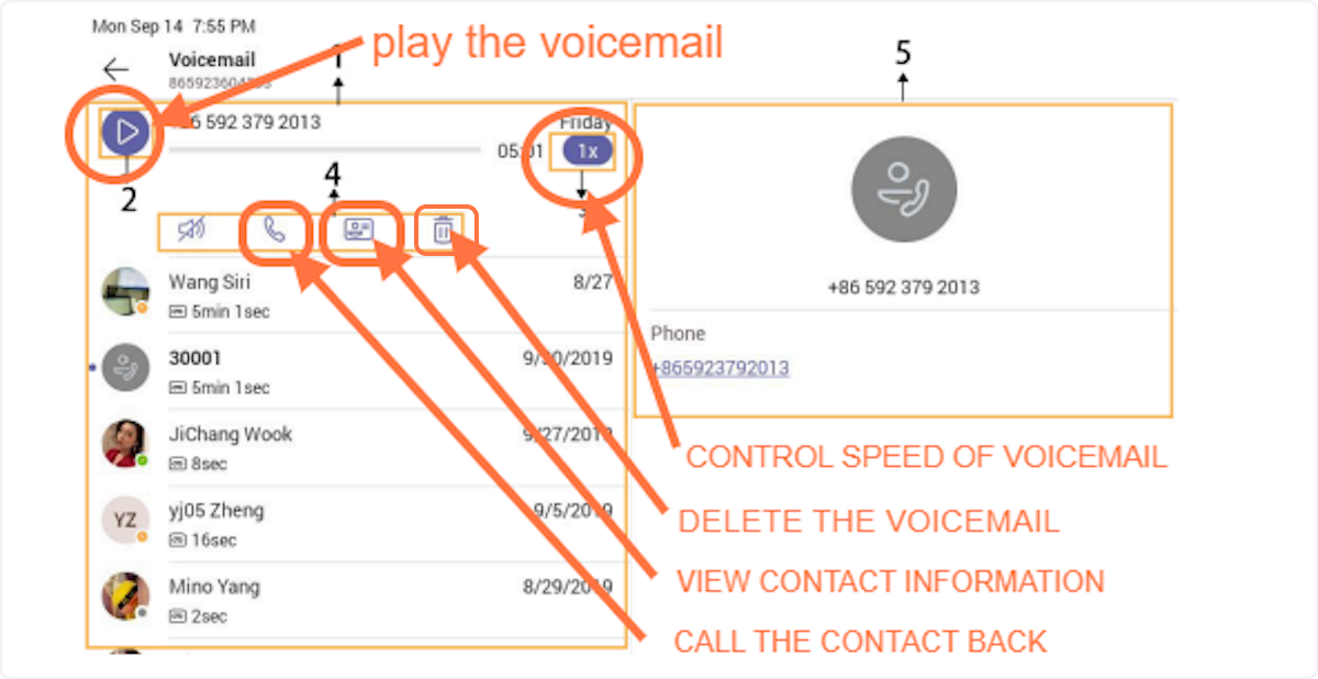 Your voicemail box will show up.  See the image for play button and speed control (control the speed at which you hear the voicemail).