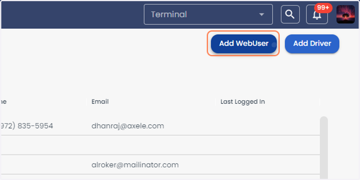 Click on Add Web User from the right side of the screen