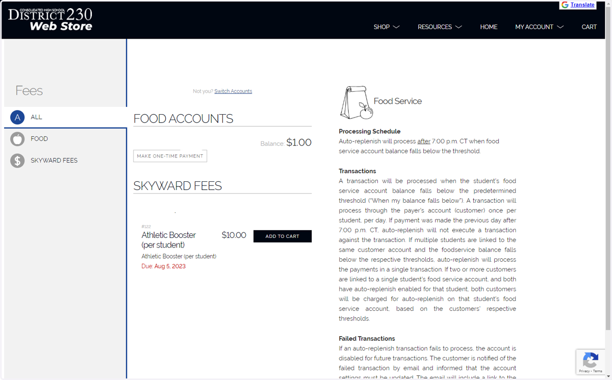 You can now see the fee on your account and continue to checkout.