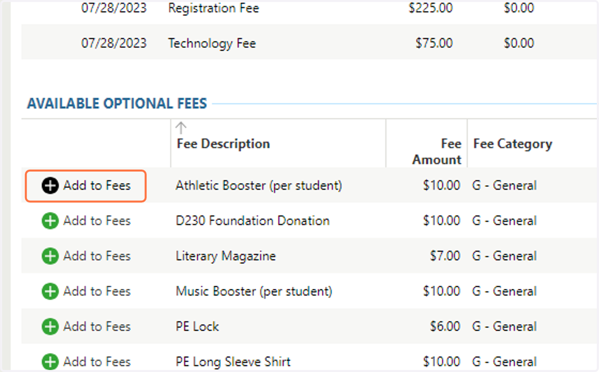 Click on Add to Fees
