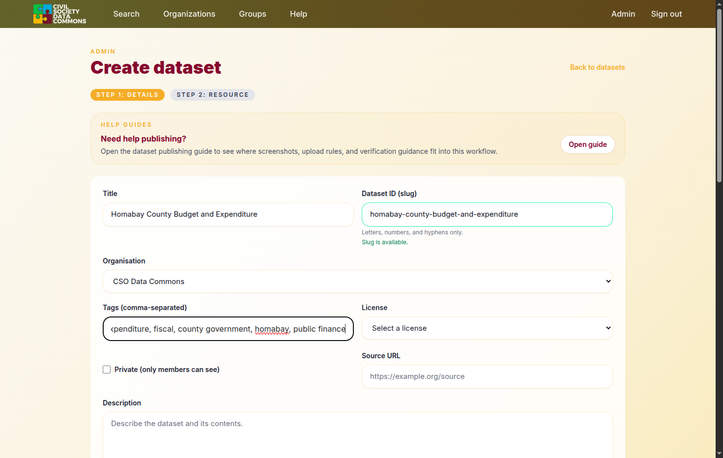 Add tags to this dataset (optional), which help in grouping similar datasets together