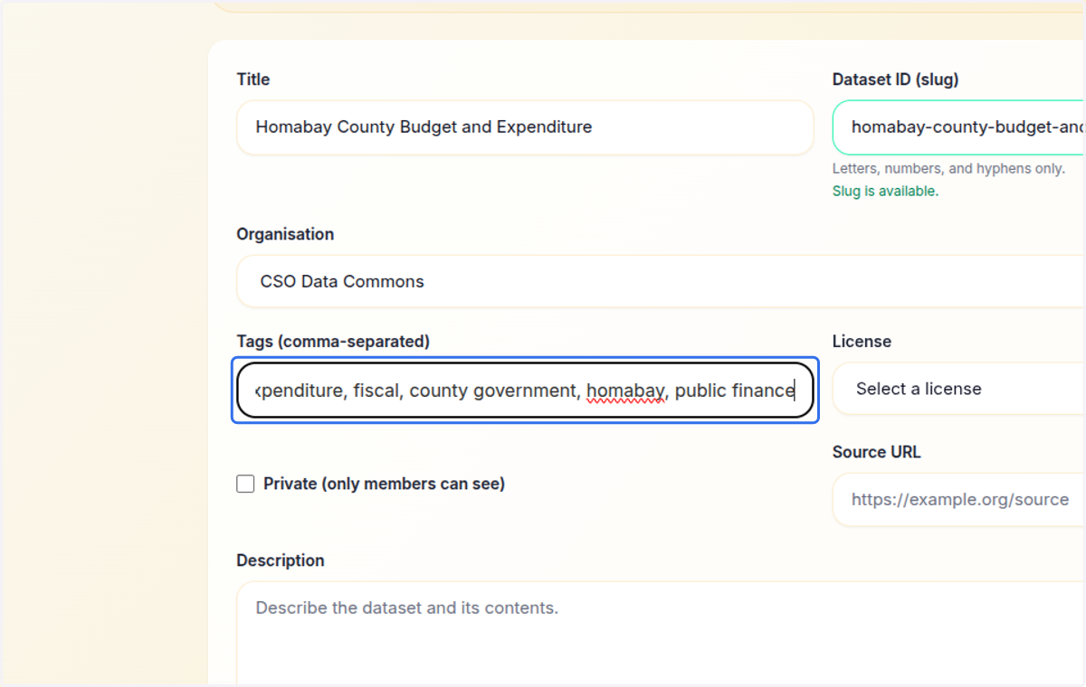 Add tags to this dataset (optional), which help in grouping similar datasets together