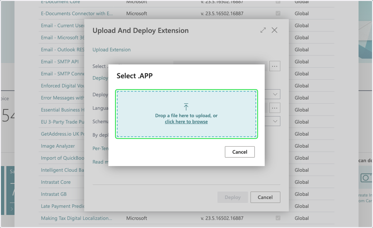 Select the provided .app MaxOptra BC extension file from file upload/browse menu