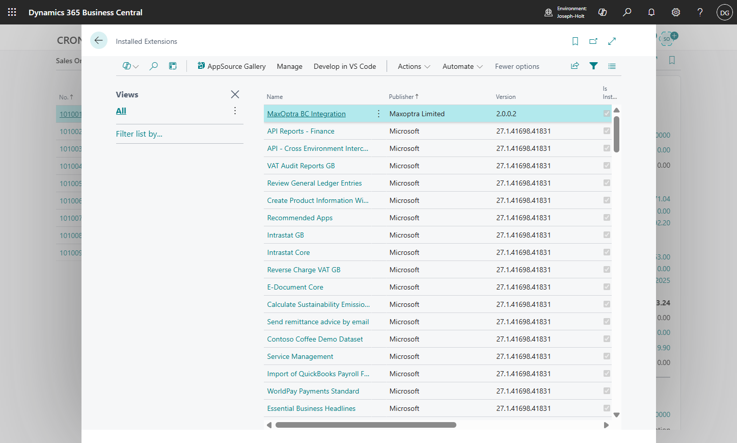 Once installed. Return to the 'Installed Extensions' window and find and select the MaxOptra BC Integration