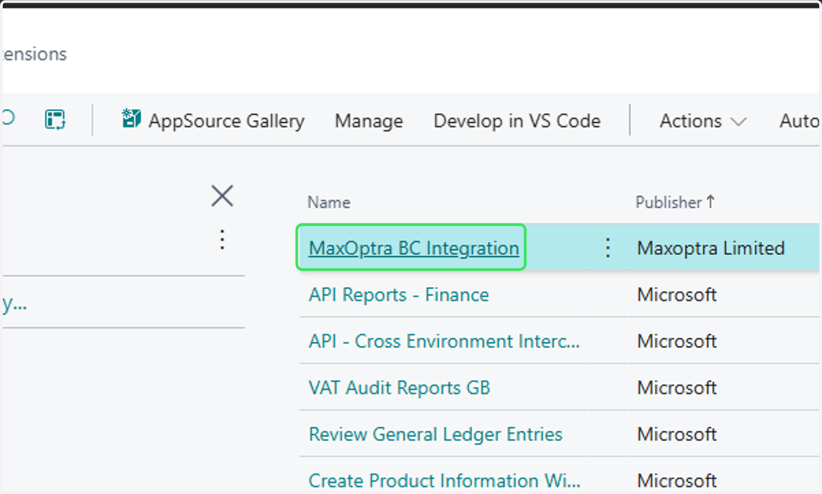 Once installed. Return to the 'Installed Extensions' window and find and select the MaxOptra BC Integration