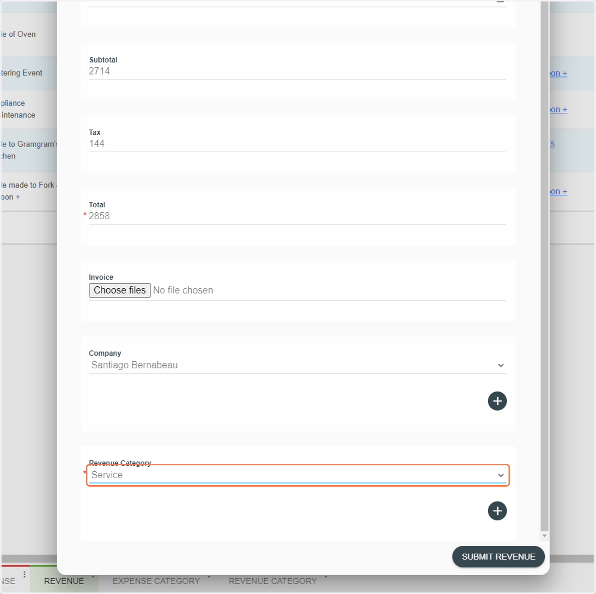 Select a Revenue Category or create a new one