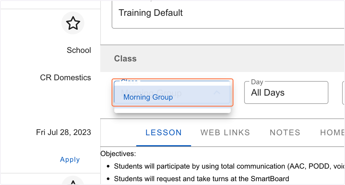 Click on the class name from the drop down menu