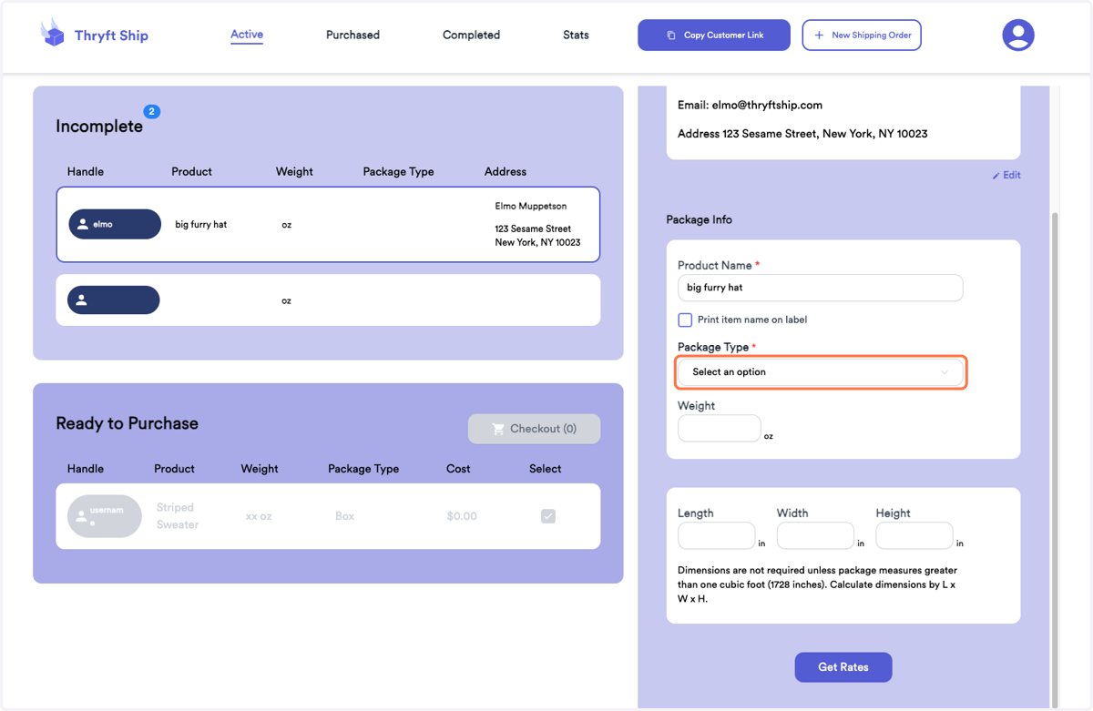 Select your package Type (i.e., is it in a box, a polymailer, an envelope, etc.)